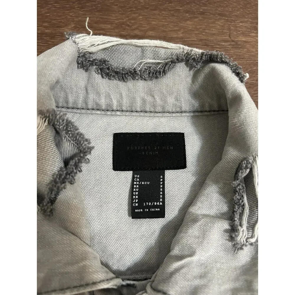 FOREVER 21 Mens Distressed Denim Jacket Light Gray Collared Pockets Size Small